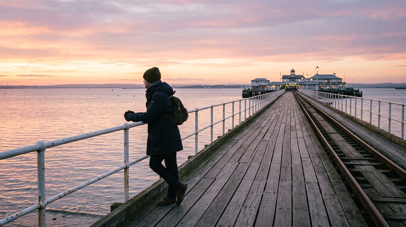 Quiet wooden deck of Southend Pier at pastel winter sunset looking out over the Thames Estuary in Southend-on-Sea.