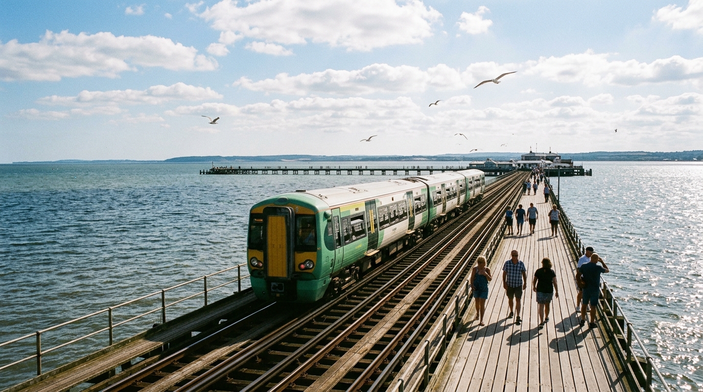 Southend Pier Railway train crossing the wooden pier deck over glistening estuary waters in July at Southend-on-Sea.
