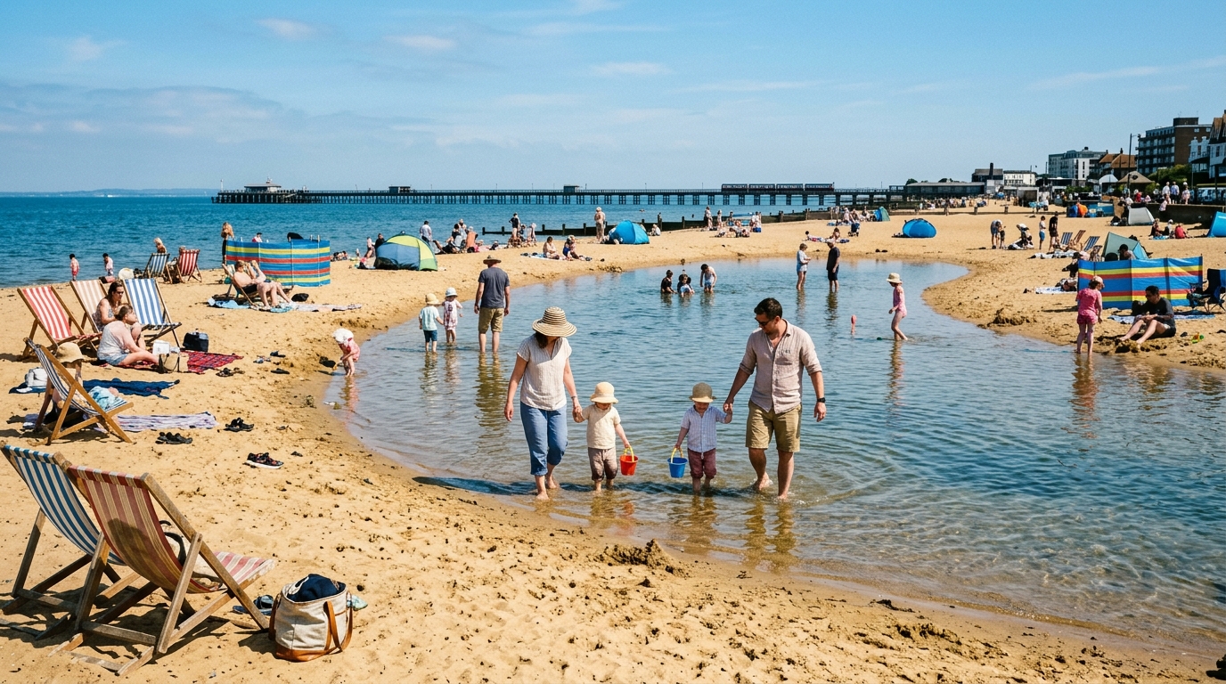 Families paddling in the calm tidal lagoon at Three Shells Beach in Southend-on-Sea during a sunny June morning.