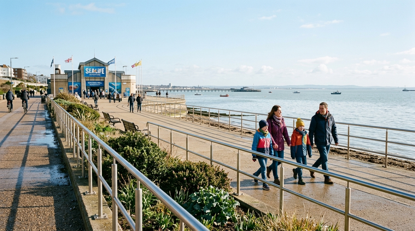 Promenade walkers on Eastern Esplanade past Sealife Adventure beside the Thames Estuary in early spring at Southend-on-Sea.
