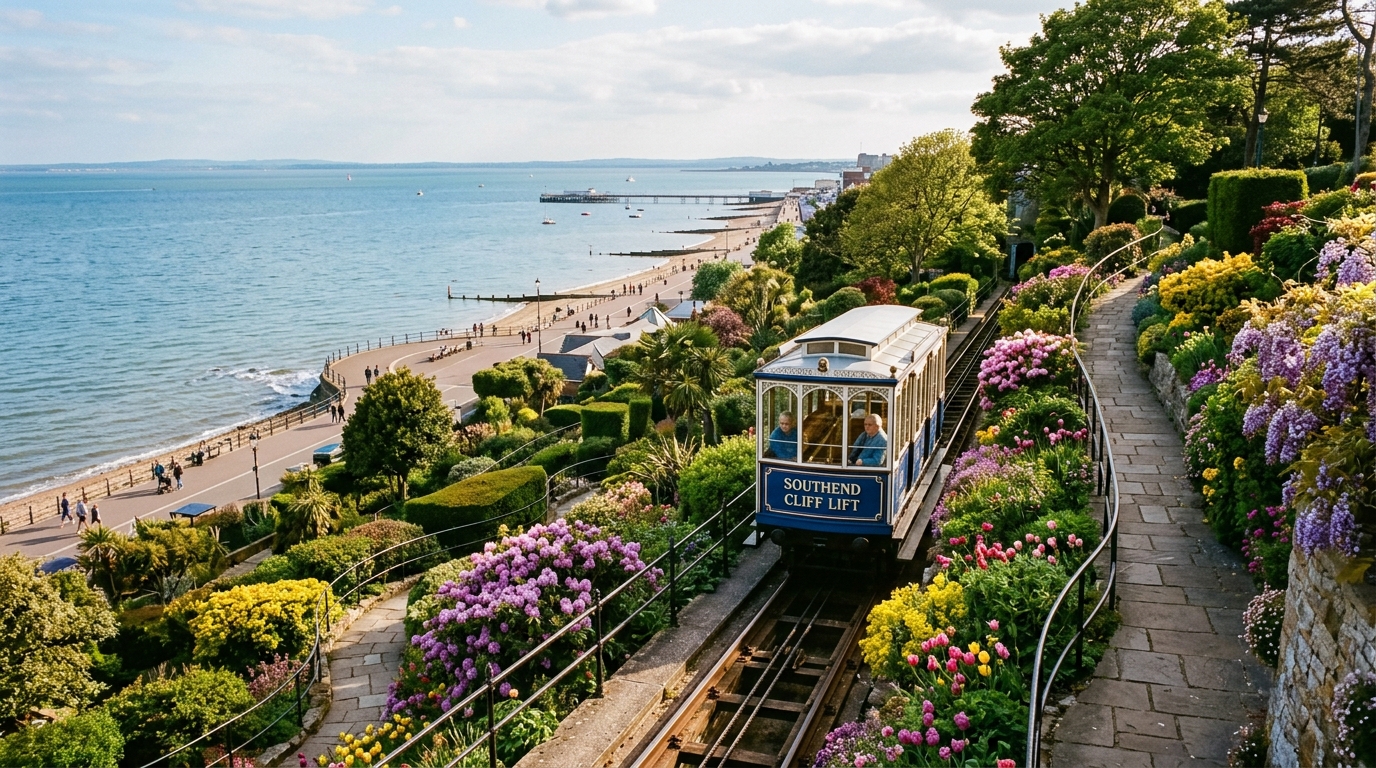 Historic Victorian Cliff Lift ascending lush blooming clifftop gardens overlooking the estuary in Southend-on-Sea during May.