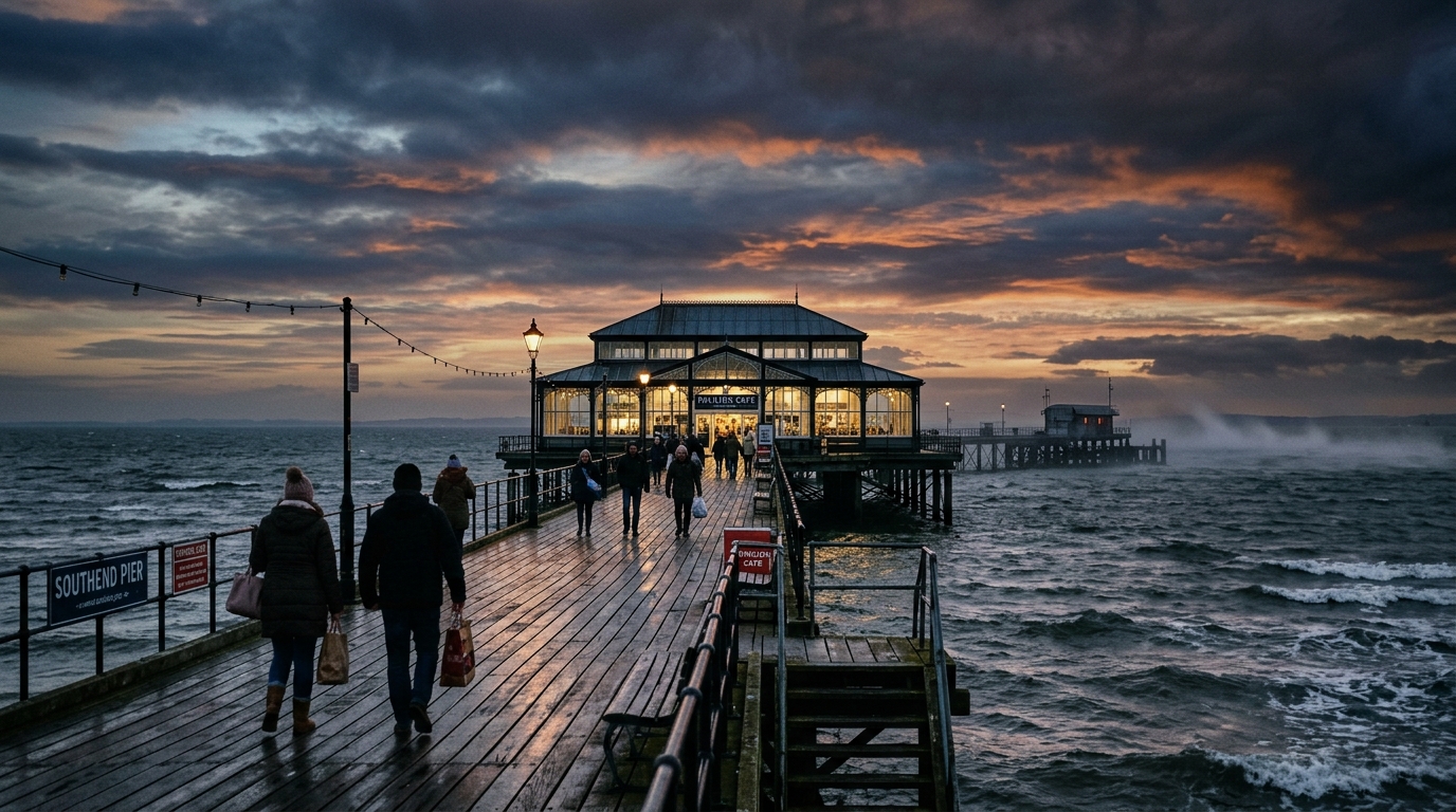 Royal Pavilion at Southend Pier Head illuminated under dramatic November sunset skies over the Thames Estuary in Southend-on-Sea.