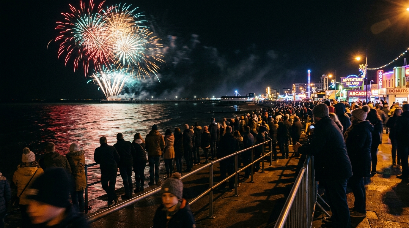 Seafront fireworks lighting up the evening sky over the Thames Estuary from City Beach in Southend-on-Sea during October.
