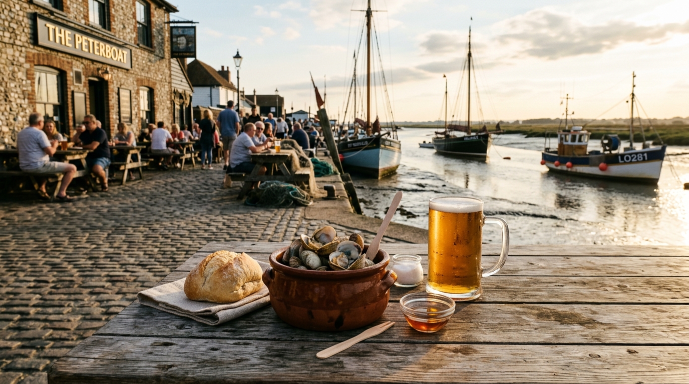 Fresh seafood cockle pot on an outdoor table in Old Leigh overlooking sailing boats in Southend-on-Sea during September.
